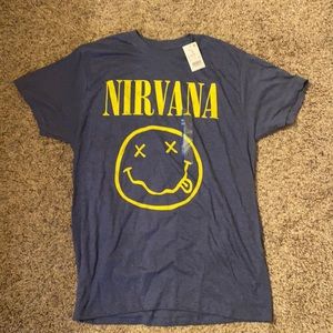 Blue Nirvana shirt with yellow writing